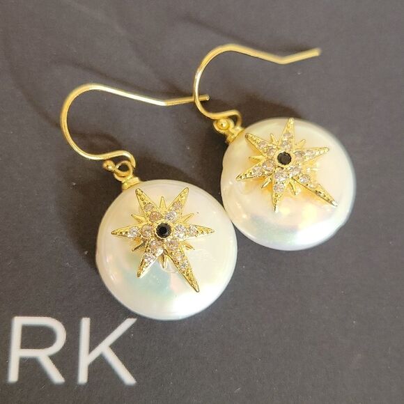 Genuine Pearl Earrings with Goldtone and Stones - Picture 1 of 5